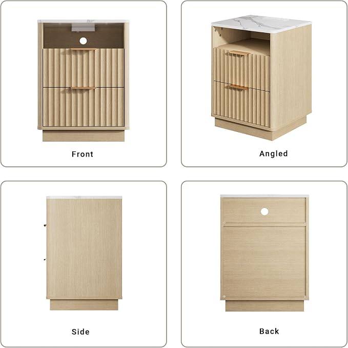 Fluted Nightstand, Night Stand Set 2, Nightstands Set of 2 with Charging Station and Faux Marble Top, 2 Drawers End Table w/Storage, Modern Bedside Table for Bedroom Living Room,Natural Oak
