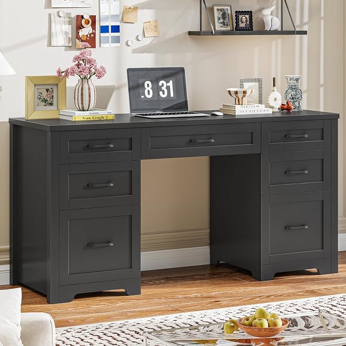 Vabches Farmhouse 61'' Executive Desk with 7 Drawers, Rustic Office Desk Computer Table with File Drawers, Wood Workstation for Study and Home Office,Pure Black