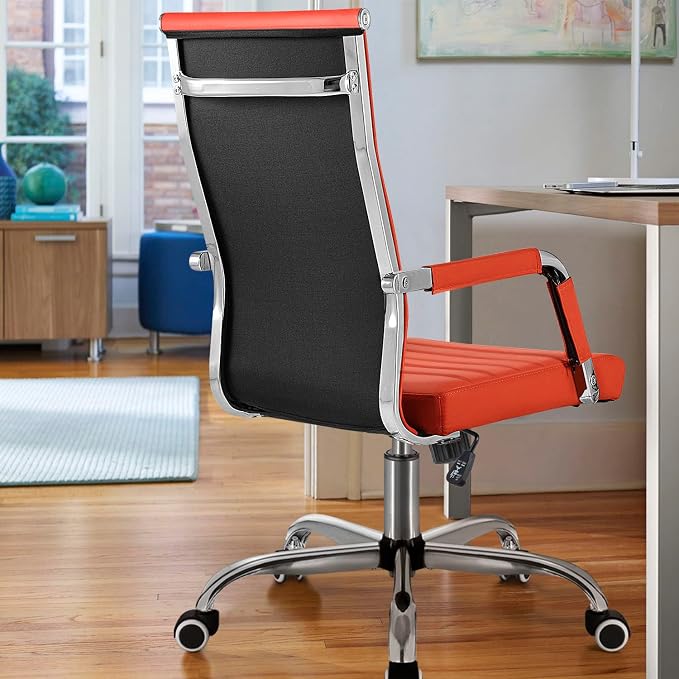 Shahoo Ribbed Office Chair, Mid-Back PU Leather Office Chair Executive Task Chair with 360° Swivel Wheels for Conference Room, Home Offices (Orange)