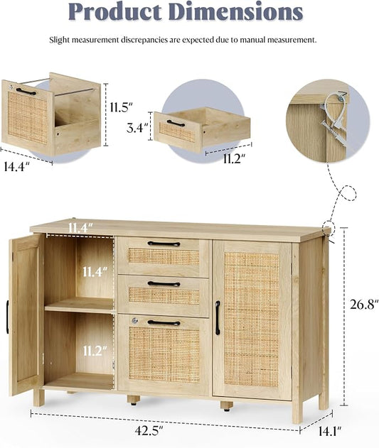 Lateral File Cabinets for Home Office, 3 Drawer and 2 Doors Filing Cabinet with Lock, Wide Rattan Filing Organization Storage Cabinets with Printer Stand for Hanging Files/A4/F4 Size, Natural Wood