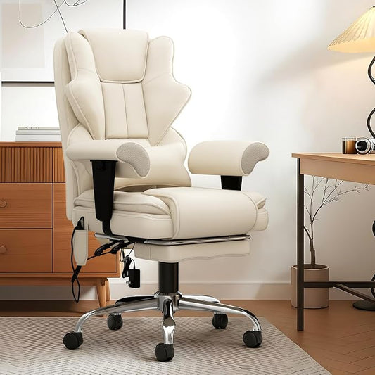 7-Point Massage Office Chair,Heated Manageral Chair,Ergonomic Executive Chair with Footrest,Adjustable Armrest,Computer Chair for Offices, Study Areas, Gaming Spaces,Beige