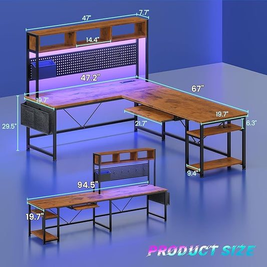 SEDETA L Shaped Computer Desk, Reversible Corner Desk with Power Outlet and Pegboard, Computer Desk with Led Lights, Keyboard Tray, Headphone Hook and Storage Shelves, Rustic Brown