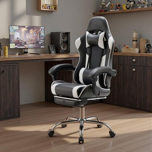 NEWBULIG Gaming Chair with Footrest – Ergonomic High-Back with Lumbar & Headrest Support, Comfy PU Leather Recliner with Linkage Armrests, Adjustable Height, 360° Swivel, White