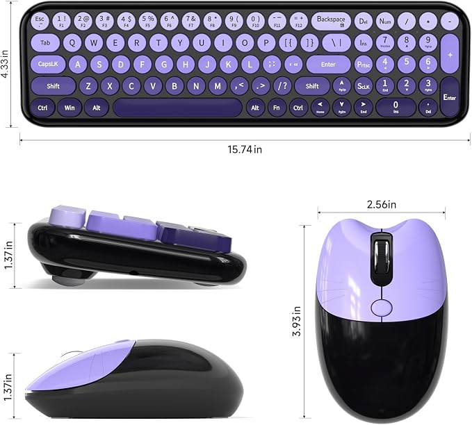 MOFII Wireless Keyboard and Mouse Combo, Compact Typewriter Retro Round Computer Keyboard and Mouse Set, Plug and Play, for Windows, Computer, Desktop, PC, Notebook - (Black Purple Gradient)