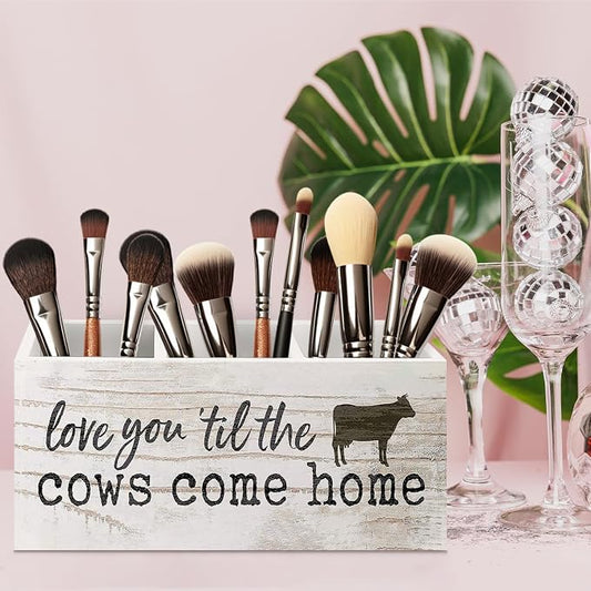 Funny Cow Wooden Pen Pencil Holder for Office Desk Accessories, Cow Lover Gifts, Love You 'Til the Cows Come Home Makeup Brush Toothbrush Holder Organizer for Bathroom