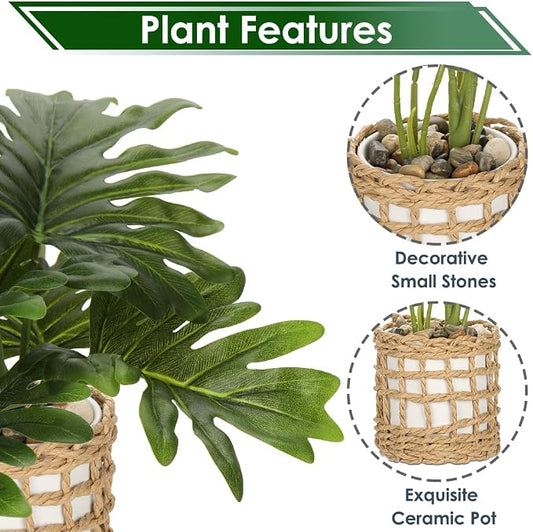 Briful Fake Plants Potted Monstera Plant Artificial Realistic Houseplant in White Ceramic Vase Wrapped Woven Pot, Faux Plant Indoor for Home Farmhouse Wedding Tabletop Shelf Decor