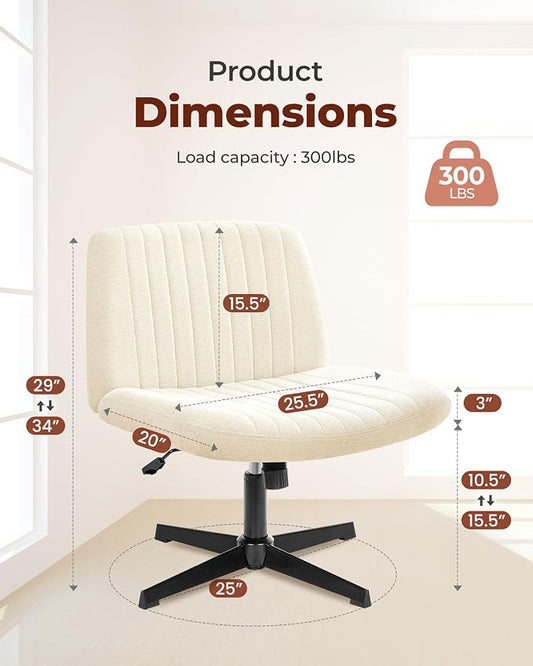 NEO Chair Criss Cross Chair No Wheels, Armless Cross Legged Office Desk Chair, Vanity Makeup Fabric Computer Comfy Adjustable Swivel Ergonomic Living Bedroom for Home Office (Fabric Beige)