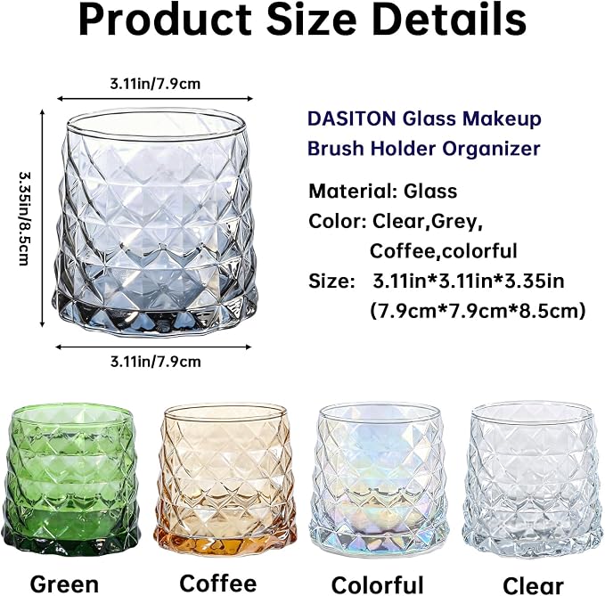 DASITON Glass Makeup Brush Holder Organizer, Diamond Pattern Cosmetic Storage Cup, Makeup Organizer for Vanity, Bathroom Countertop Toothbrush Holder, Desk Pen Pencil Holder (Grey)