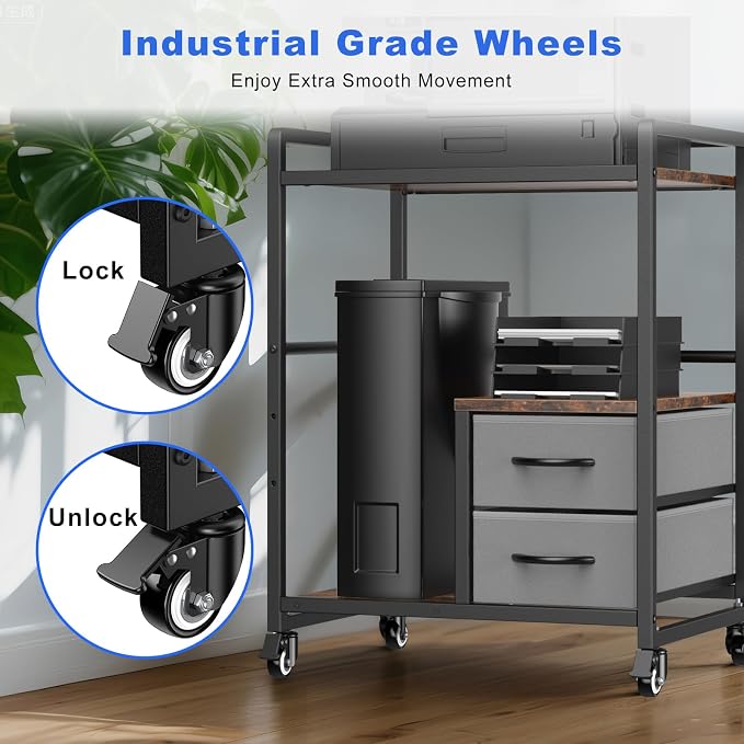 22" x 18.5" Large Printer Stand with Wheels, Mobile Rolling Printer Table Cart for Home Office, Rustic Brown Storage Organizer for Scanner, Fax, CPU, Shredder