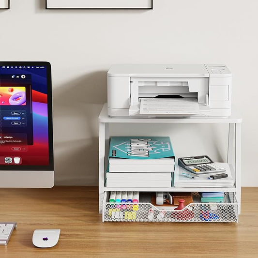 2-Tier Printer Stand with Storage, Desktop Organizer with Drawers for Printer Paper, Desk Shelf for Office and Home Printers Tables, White