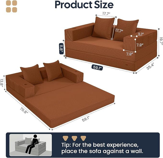 COMAX Futon Sofa Bed, 4‑in‑1 Convertible Sofa Bed, Folding Boneless Couches | Boneless Couch for living room, Fold Out Small Foldable Loveseat Floor Sleeper Mattress Lounge Space‑Saving, Orange
