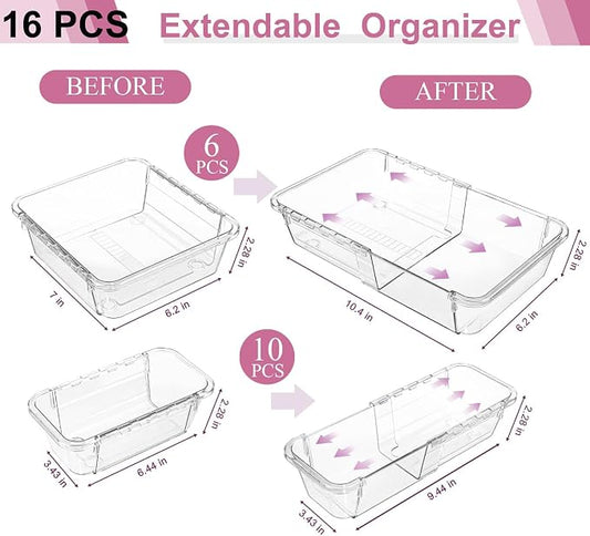16 Pcs Extendable Clear Drawer Organizer, All Adjustable Vanity Storage Box, 2-Size Desk Drawer Organizer, Durable Storage Bins for Makeup, Cosmetic, Bedroom Dressers Tool Organizer for Gadgets