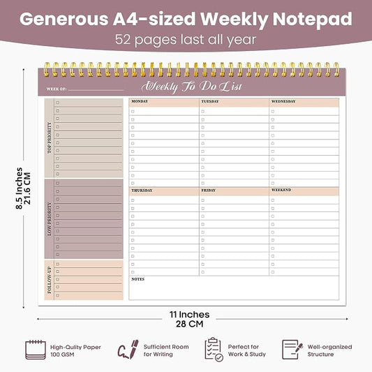 Weekly To Do List Notepad with 52 Undated Sheets(8.5"×11")6 Pack - Undated Weekly Planner Notepad for Office Desk Accessories and Supplies - Multi