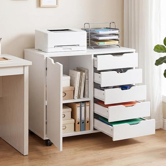 Giantex 5-Drawer File Cabinet with Wheels, Wooden Rolling Lateral Filing Cabinet with Door and Adjustable Shelf, Chest of Drawers, Mobile Printer Stand Organizer for Home Office and Bedroom (White)