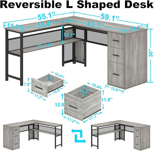 LVB Reversible Gray L Shaped Corner Desk, Farmhouse Wood Computer Desk with File Drawers Cabinets, Large Work Study Executive Home Office Desk with Storage Shelves for Bedroom, Light Grey Oak, 59 Inch