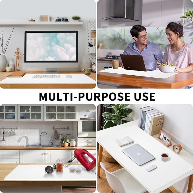 Leather Desk Pad, Large Mouse Pad, Non-Slip Desk Mat, Leather Desk Blotter, Computer Desk Pad, Waterproof Keyboard Pad for Home Office and Decor - White (31.5×15.7 Inches)