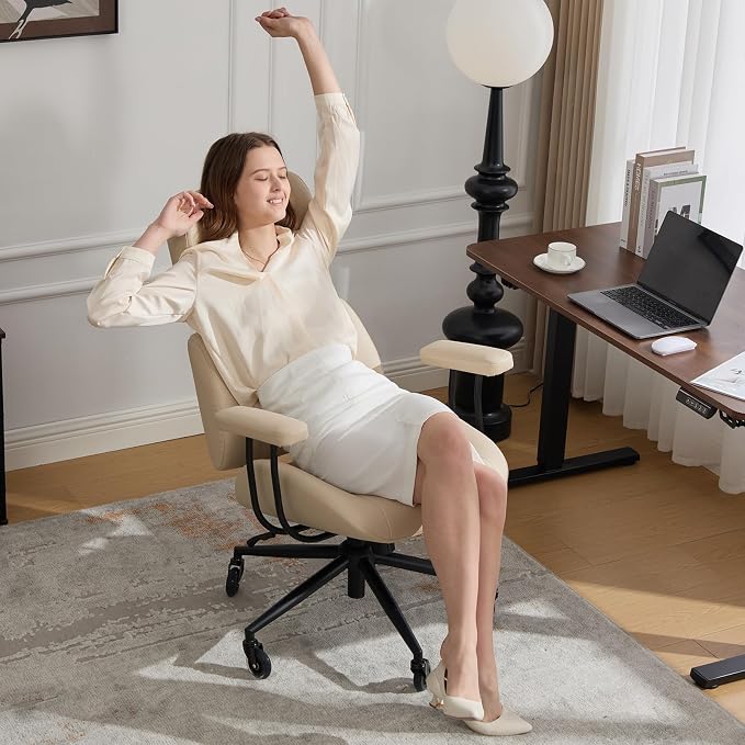 E-Motie Ergonomic Leather Office Chair, Computer Desk Chair, Beige | Adjustable Headrest, 360° Swivel & Rolling Wheels, Lumbar Support, Padded Arms, High Back, for Long Hours Sitting