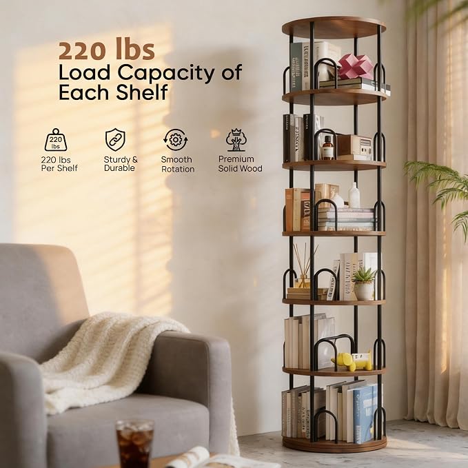 6 Tier Rotating Bookshelf Tower, Standing Tall Corner Wood, Black Metal Modern Book Shelf Organizer Retro Vintage Rustic Farmhouse Large Bookshelf Book Display Furniture for Your Home, Office, Kids