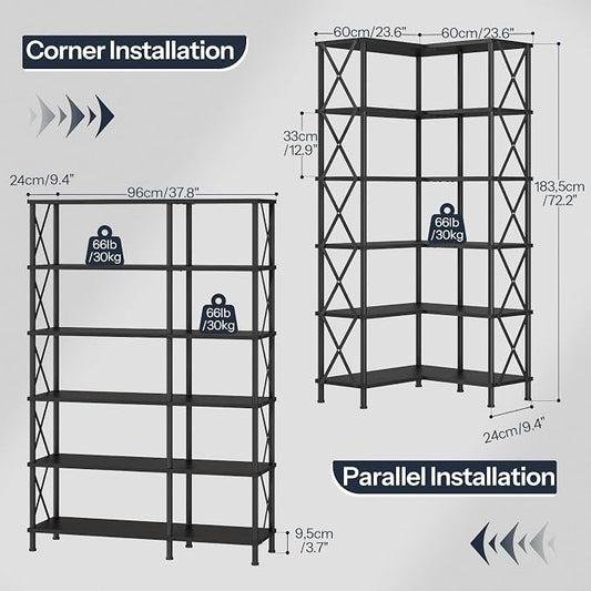 HOOBRO Corner Bookshelf, 6-Tier L-Shaped Bookcase, Industrial Open Display Shelf Tall Storage Organizer, Vertical Storage Rack, for Living Room, Home Office, Black BB61SJ01