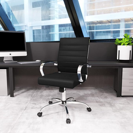 LeisureMod Benmar Leather Office Desk Chair, Mid-Back Ergonomic Swivel Chair with Lumbar Support, Adjustable Height, Tilt Lock, Cushioned Seat & Back, Home Office Task Chair (Black, Single)