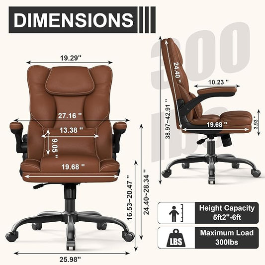 Ergonomic Office Chair with Flip-Up Armrests, Mid Back Executive PU Leather Desk Chair, Height Adjustable with Lumbar Support, Rocking & Swivel Computer Chair for Home Office