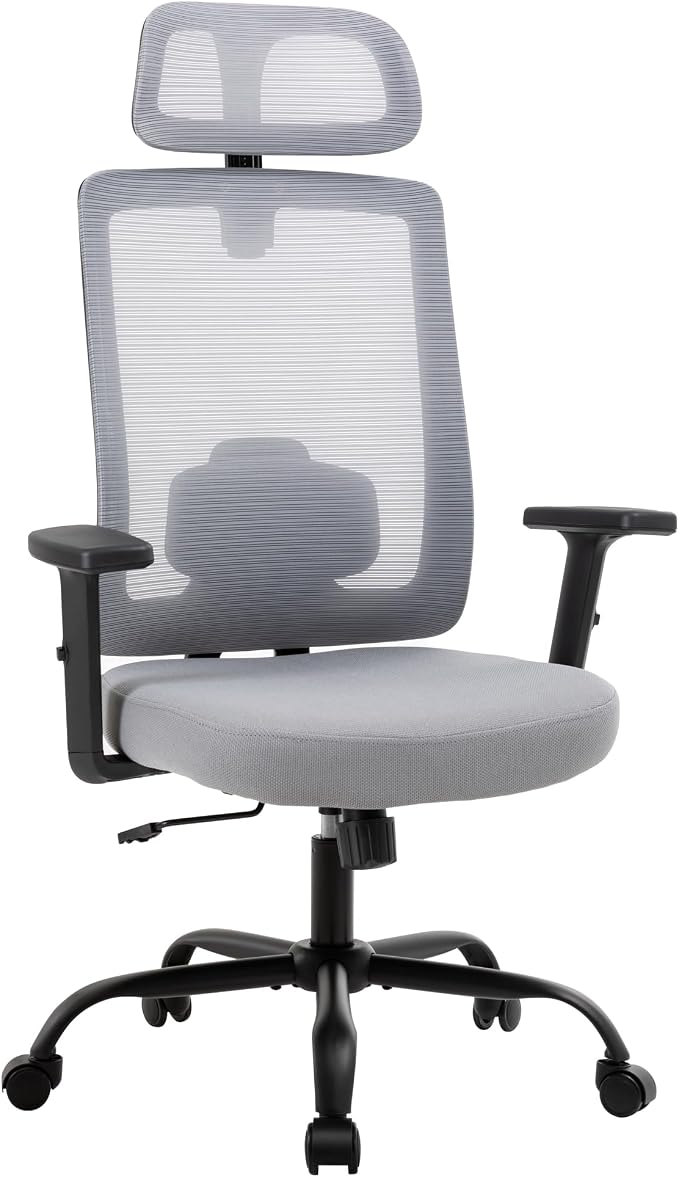 Ergonomic Office Chair, Office Desk Chair with High Back Mesh and Adjustable Lumbar Support, Rolling Work Chairs with Wheels and Adjustable Headrests, Wide Cushion, Grey