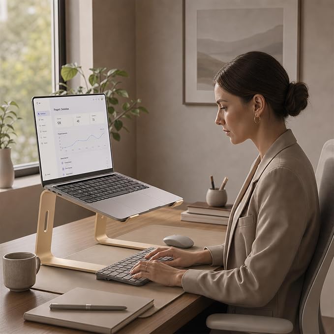 Orionstar Ergonomic Laptop Stand, Premium 5mm Aluminum Riser for 10-15.6 Inch Notebook Computer, Tool-Free Detachable Elevator Holder for Desk Office, Sturdy Riser for Eye-Level Neck Relief (Gold)