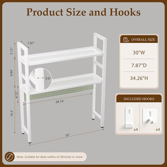 Brakki 2-Tier Desk Shelf, Desk Hutch Bookshelf, Desktop Shelf Bookcase with Pegboard and Hooks for Computer Monitor, Metal Desktop Hutch Storage Organizer for Dorm Home Office, 30" W, White Green