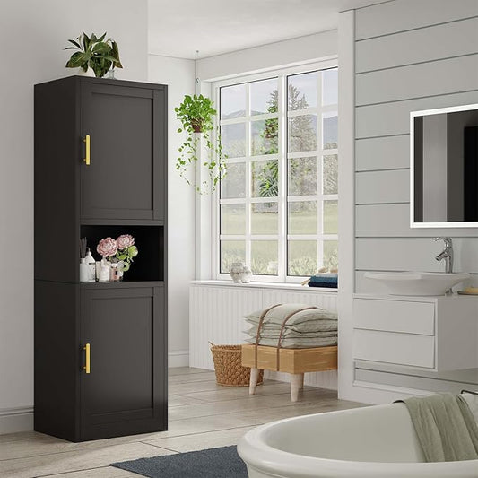 pozdeg 67" Tall Narrow Storage Cabinet, Metal Bathroom Cabinet with 2 Doors & 4 Adjustable Shelves, Freestanding Slim Pantry Organizer for Bathroom Kitchen Living Room (Black)