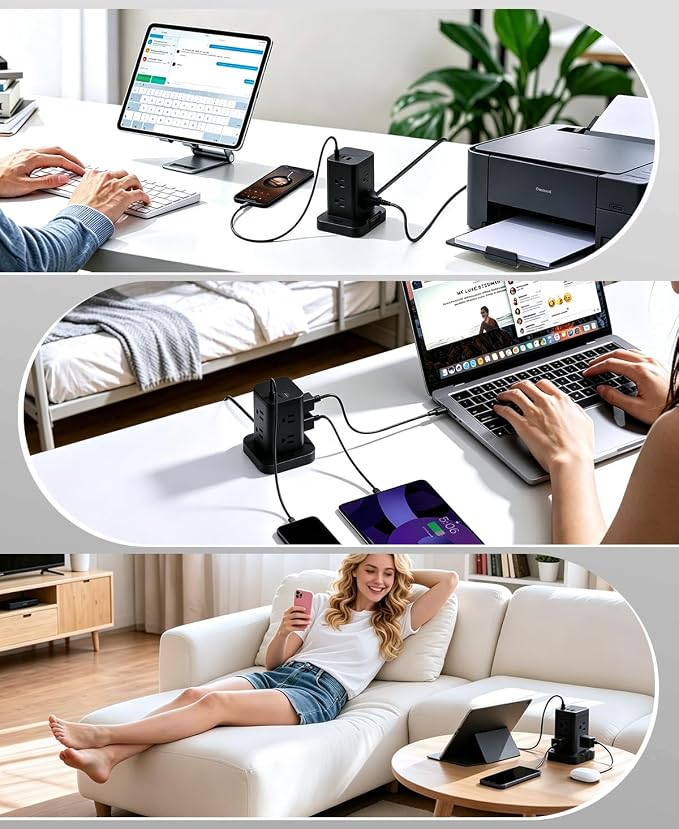 Power Strip Tower with Surge Protector 1800J, Fast Charging Tower PD20W USB-C Ports with 8 AC Outlets, 10ft Extension Cord for Home Office Dorm Room, Black