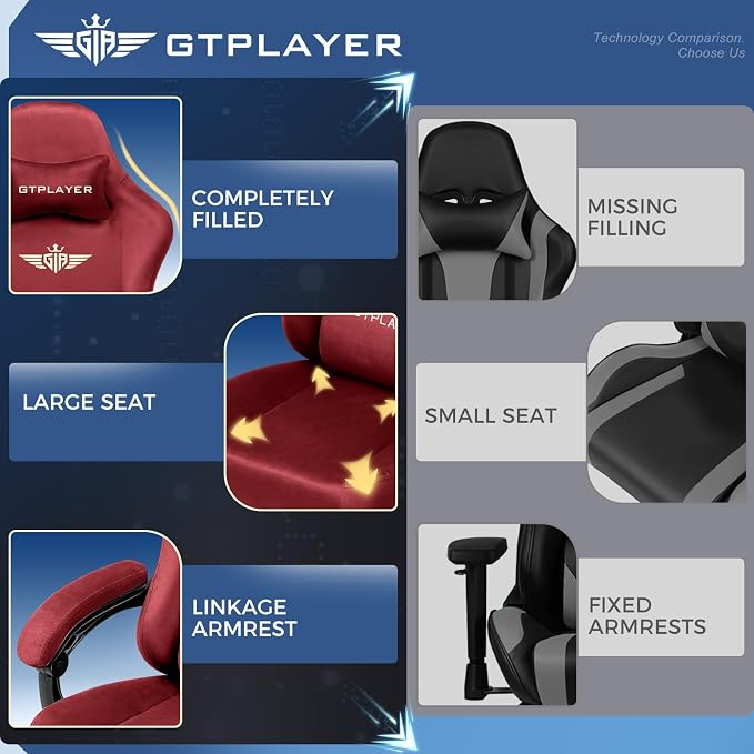 GTPLAYER Big and Tall Gaming Chair 400lbs Heavy Duty Office Chair with Foot Rest, High Back Pocket Spring Ergonomic Computer Chair for Adults, Wide Comfy Seated Cushion with Linkage Armrests, Red