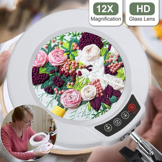 12X Magnifying Glass with Light and Stand, Upgrade Button 5 Color Modes Stepless Dimmable, 2-in-1 LED Lighted Magnifier Light, Hands Free Desk Lamp with Clamp for Craft Hobby Close Work - White