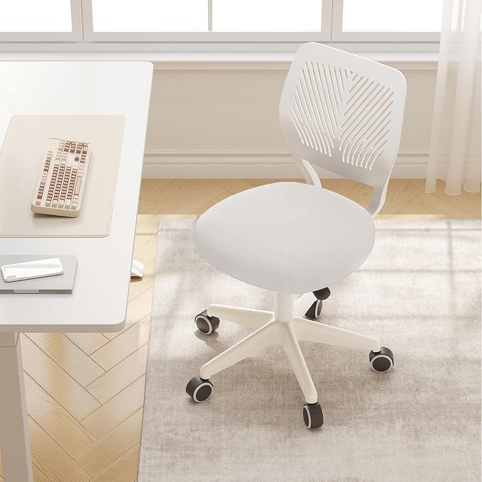 Armless Desk Chair Swivel Office Rolling Chair with Soft Padded Cushion, Height Adjustable Small Task Chair, Ergonomic Study Computer Chair for Kids Girls Boys Teens (White, 2PCS)