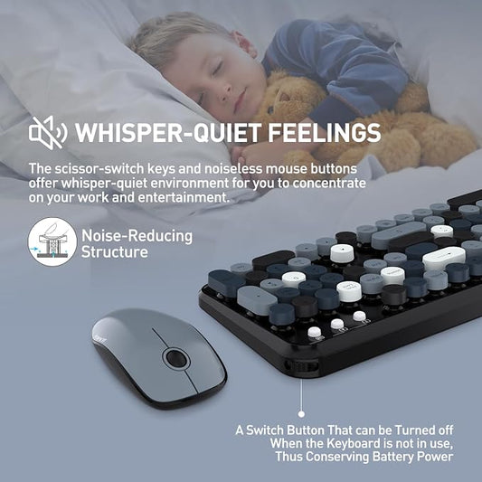 FOPETT Wireless Keyboard and Mouse Combo, 105 Keys Full-Sized 2.4 GHz Round Keycap Colorful Keyboards, USB Receiver Plug and Play, for Windows, Mac, PC, Laptop, Desktop (Grey Colorful)