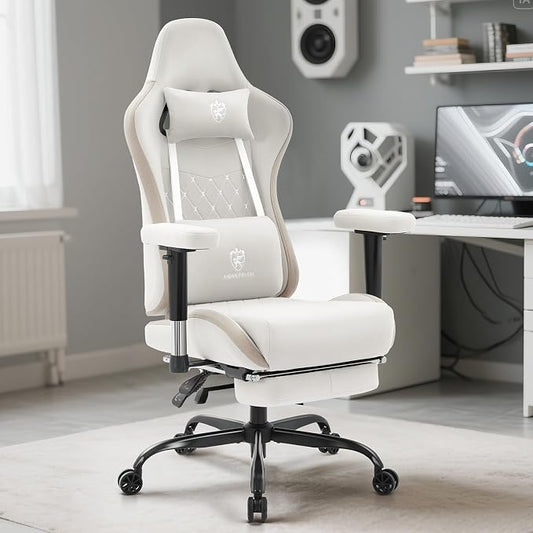 Gaming Chair Breathable Fabric,Computer Office Chair with Footrest,Massage Lumbar Support and Gel Pad,Ergonomic Reclining Gamer Chair with Adjustable Armrests and Spring Cushion Beige