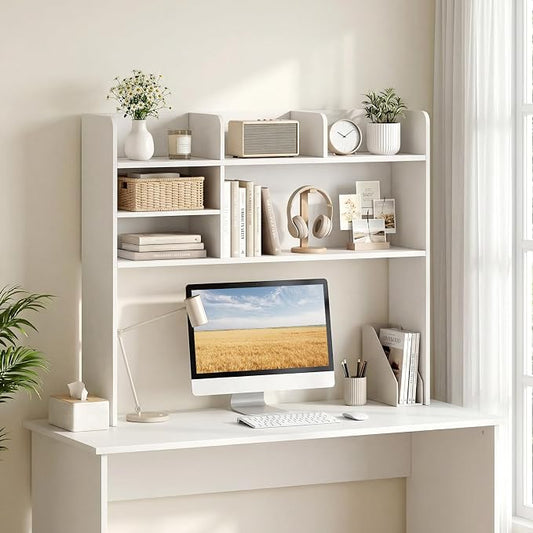 LDAILY 3-Tier Desktop Bookshelf, Wooden Desk Hutch for Computer Monitor Up to 32 Inch, Desk Organizer Shelf with Adjustable Shelf & 6 Storage Shelves, Desk Display Rack for Home Office Dorm (White)