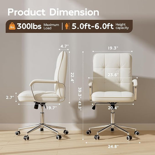 HomeZeer White Office Chair, Mid Back Leather Desk Chair with Wheels and Padded Arms, Swivel Vanity Chair for Bedroom, Computer Chair for Study and Work