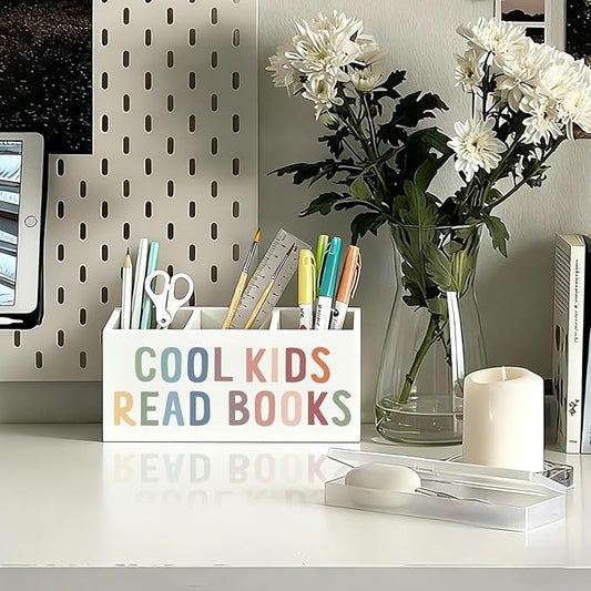 Book Lovers Gifts Pen Holder, Book Reader Gifts Pencil Holder for Desk, Boho Cool Kids Read Books Wooden Box Sign Decorations for Reading Room Corner Nook Classroom Desk Tabletop