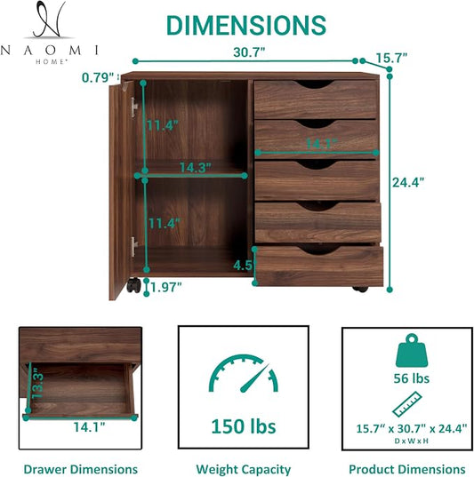 Naomi Home Under Desk Rolling Office File Cabinet with 5 Drawers & Side Storage Cabinet, Mobile Organizer with Shelves & Swivel Casters for Home Office - Brown Oak