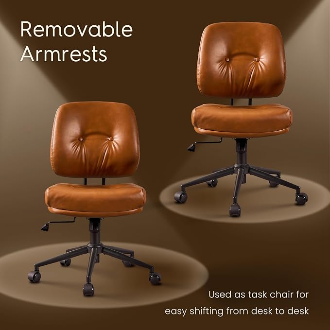HOOOWOOO Ergonomic Office Chair,Mid Century Modern Computer Desk Chair,Comfy Executive Chair with Extra Wide Tufted Cloudy Seat Lumbar Support Rocking Back,PU Leather Light Brown
