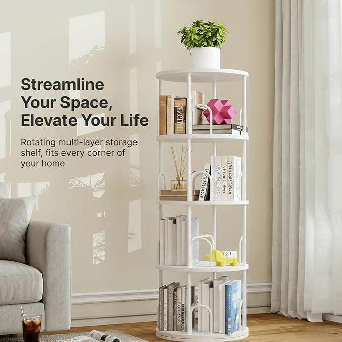 4 Tier White Rotating Kids Bookshelf Tower, Small Narrow Corner Book Shelf For Childrens, Toddler, Nursery Bookcase For Toy, Dispaly white shelves For Bedroom Living Room Office Kitchen Shelf Tower