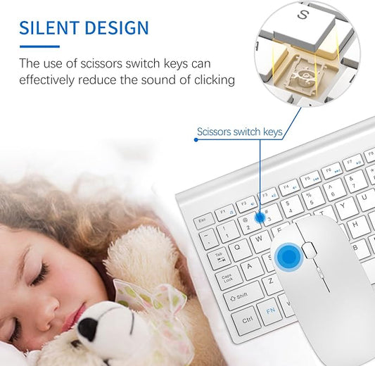 Wireless Keyboard and Mouse Ultra Slim Combo, TopMate 2.4G Silent Compact USB 2400DPI Mouse and Scissor Switch Keyboard Set with Cover, Batteries Included, for PC/Laptop/Windows/Mac - Matte White