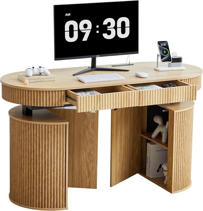 ORRD Electric Standing Desk with Storage and USB & Type-C Charging Ports, Adjustable Height Stand Up Desk, Mid Century Modern Fluted Workstation Desk for Home Office (Natural)