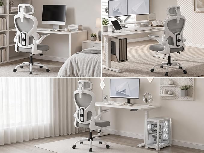 Ergonomic Office Chair with Adjustable Headrest & Lumbar Support, High Back Mesh Desk Chair, 330 LBS Capacity Swivel Computer Chair with Flip-Up Arms, Home Office Gaming Chair(Grey)