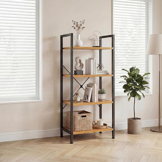 DUMOS 4 Tiers Open Bookshelf, Classic Freestanding Tall Display Shelf, Multifunctional Storage Organizer Rack for Living Room Home Office, Sturdy Bookcase for Books/Movies, Wood