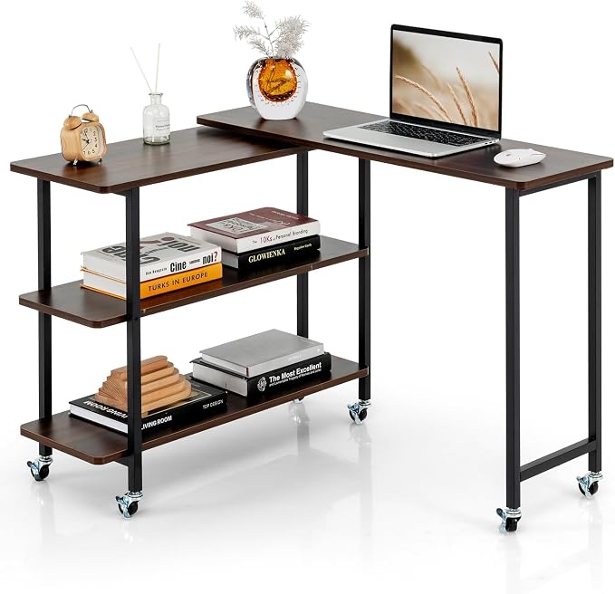 Tangkula 360° Rotating Sofa Side Table, Patented Mobile End Table with 2-Tier Storage Shelves, Swivel Rolling Desk with 6 Lockable Wheels, Metal Frame, Movable Laptop Table Couch Snack Table for Home