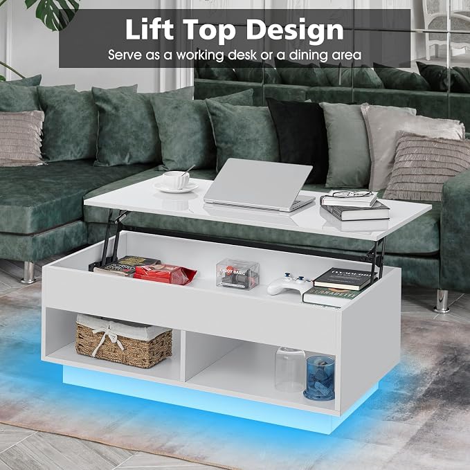 HOMMPA 40" Modern LED Coffee Table with Storage for Living Room, Lift Top Coffee Table with 2 Shelves, High Glossy Wooden Dining Table, Multifunctional Furniture for Bedroom/Home Office, White