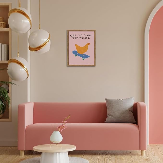 Framed Off to Commit Tomfoolery Wall Art, Vintage Fun Chicken Canvas Print, Whimsical Chicken on Skateboard Picture Wall Decor, Humorous Animal Painting for Living Room Bedroom 12x16 inch