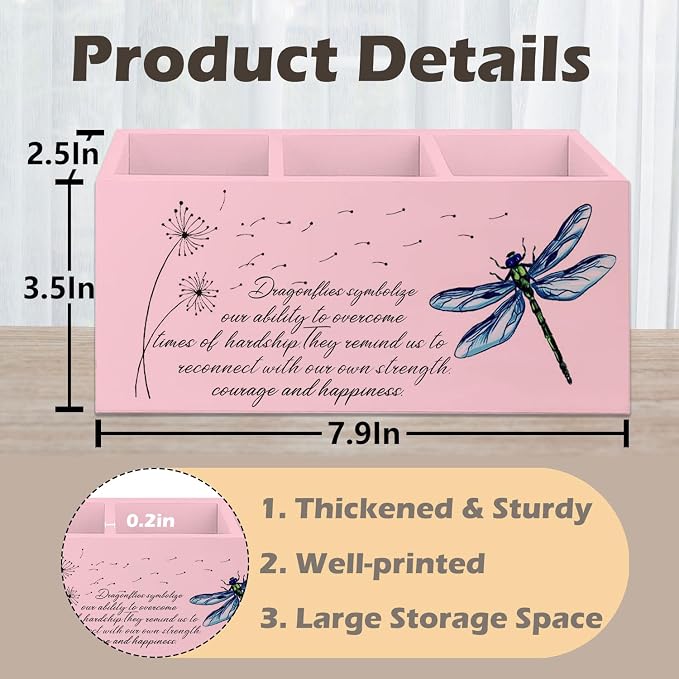 Dragonfly Dandelion Decorative Pink Pencil Holder for Desk,Pink Bookmark Holder Decor, Pen Caddy for Desk Decorative, Motivational Gifts for Women