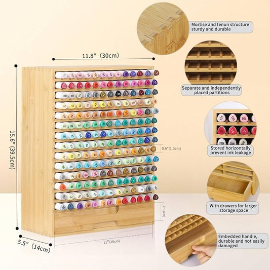 AUTOARK Natural Bamboo Marker Organizer with Drawer, AHK-065 | 182 Slots